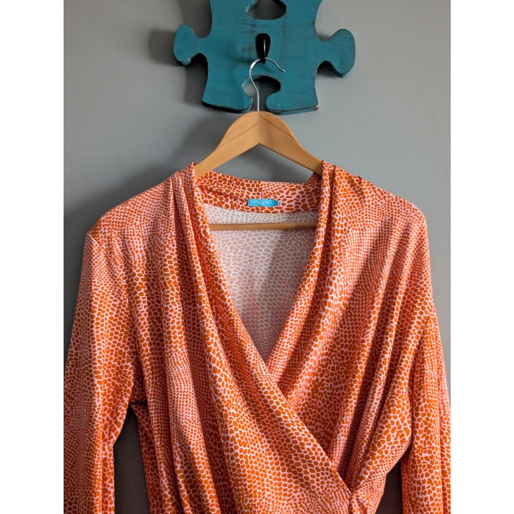 J. McLaughlin Catalina Cloth Faux Wrap Top XL Orange Pink Animal Print - Picture 3 of 14